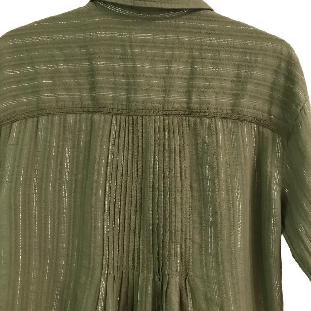 Anthropologie pin tuck moss green & metallic shirt dress S - Image 6
