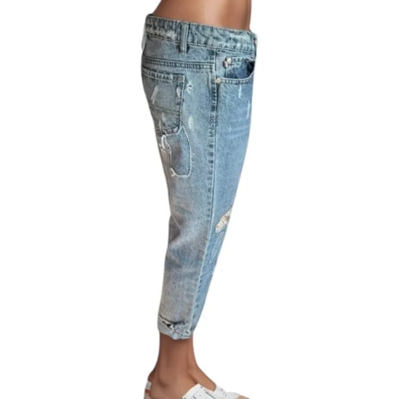 Y2K boho jeans capri patchwork boho hippie distressed artsy streetwear cropped Blue Size undefined - Image 14