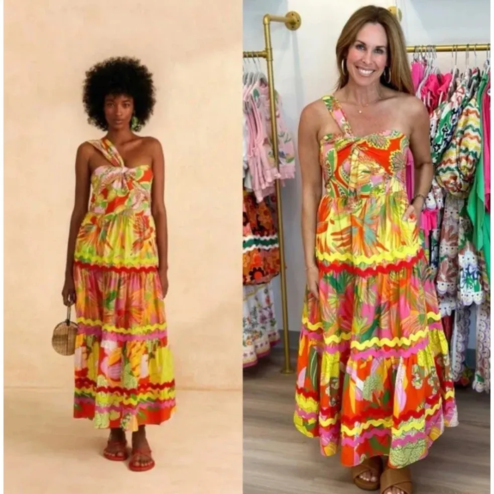 Farm Rio  One Shoulder Yellow Multi Tiered Maxi Dress Size Large - Image 3