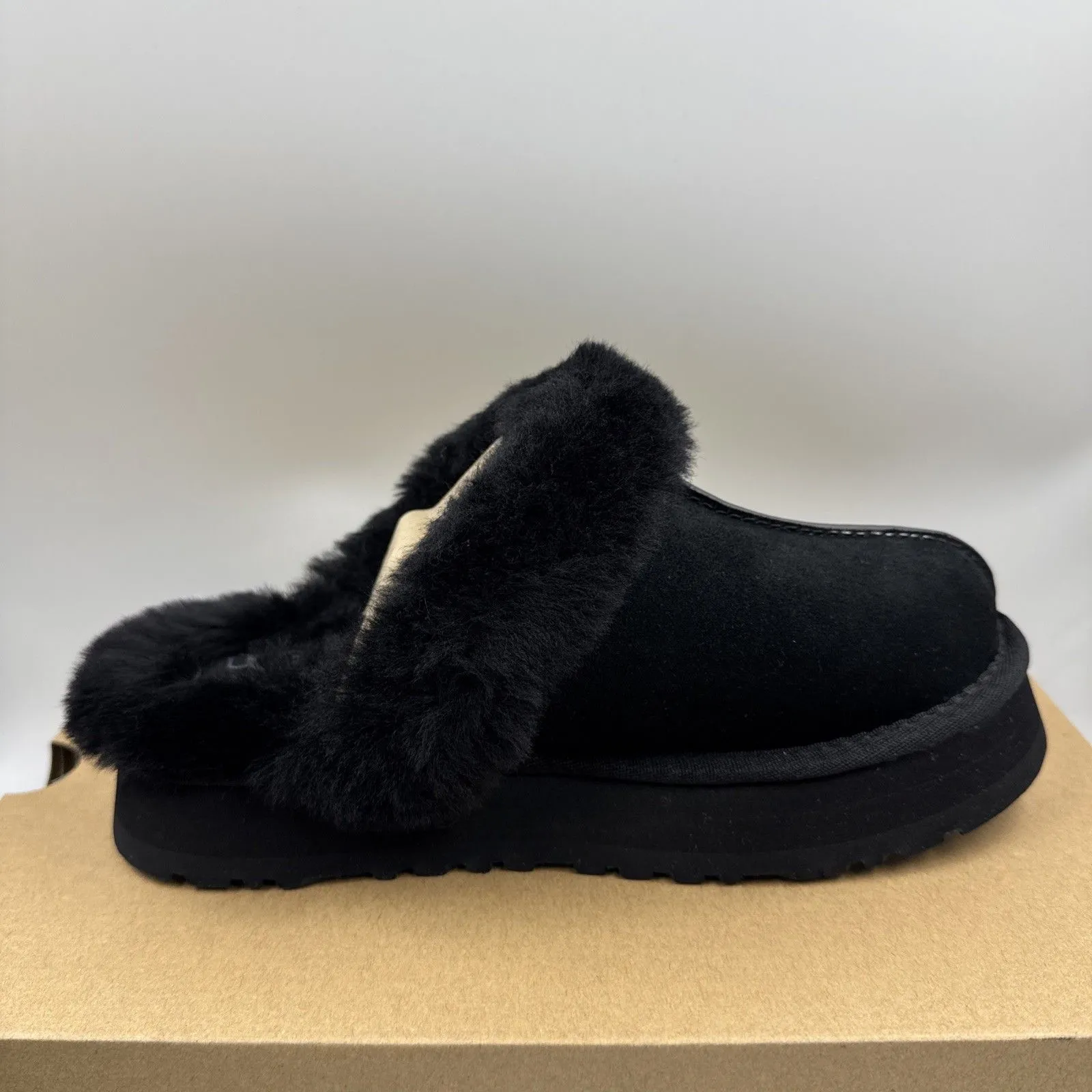 UGG Disquette Black Suede Fur Cuff Slide Platform Slipper Shoes Size 7 Women New - Image 9