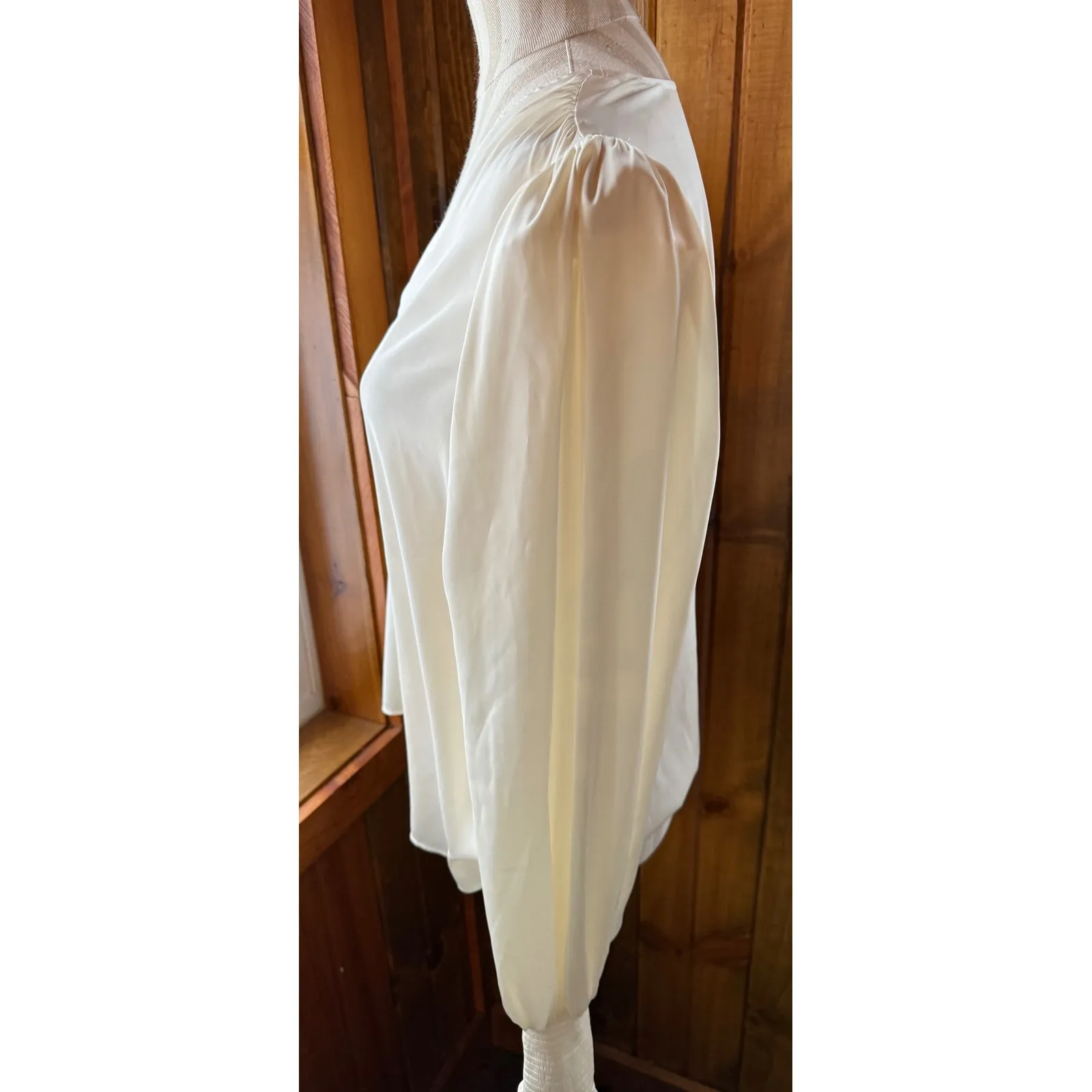 EXPRESS Cream V Neck Long Sleeve Blouse Puff Shoulder Smocked Cuff Shirt Top L - Image 3