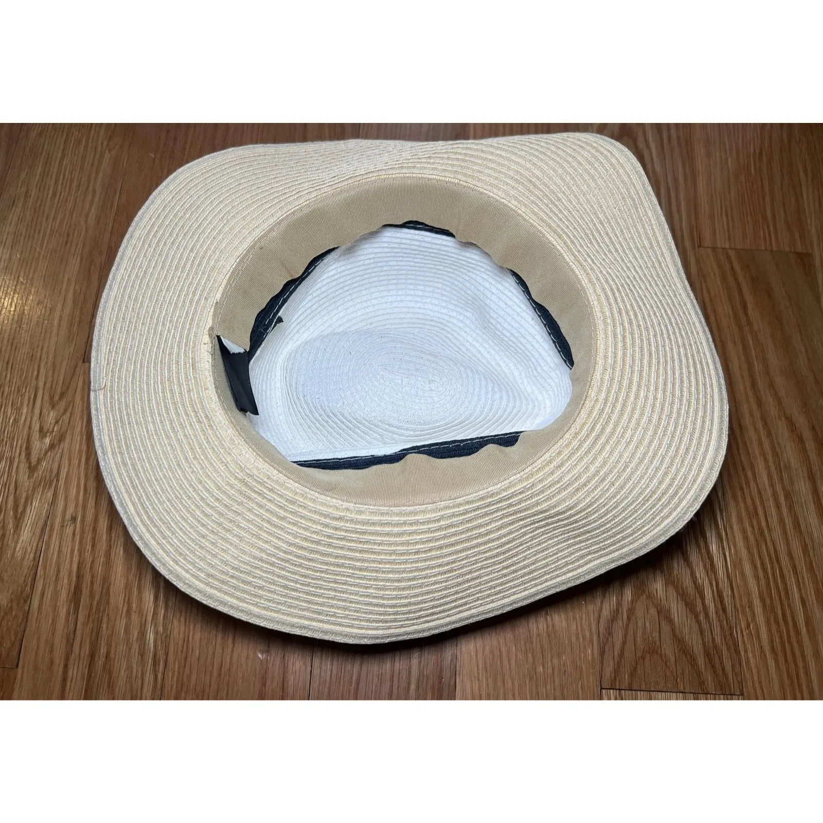 Ann Taylor Sun Hat Womens One Size Beige Wide Brim Straw Colorblock Beach - Image 4