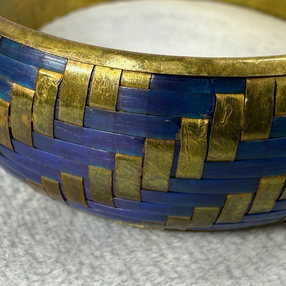 Vintage Brass & Blue Material Woven Design Bangle Bracelet Women Jewelry Classic - Image 14