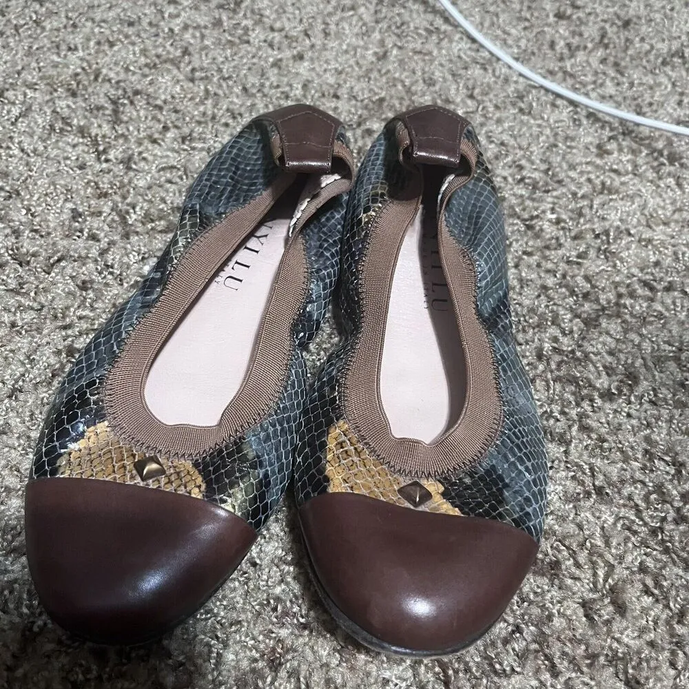 Anyi Lu Leather Ballet Flats 35.5 US 5.5 Snakeskin Brown Green Handmade Italy - Image 2