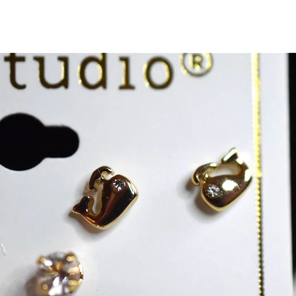 NWT Bay Studio Beach Fun Gold Tone Whale/Turtle/Crab/Crystal 5pr.Post Earrings - Image 3