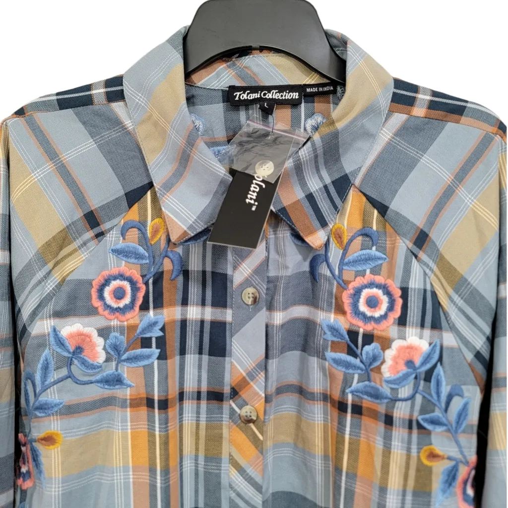 Tolani Collection Plaid Embroidered Button Down Fall Tunic Top Size Large NWT - Image 3