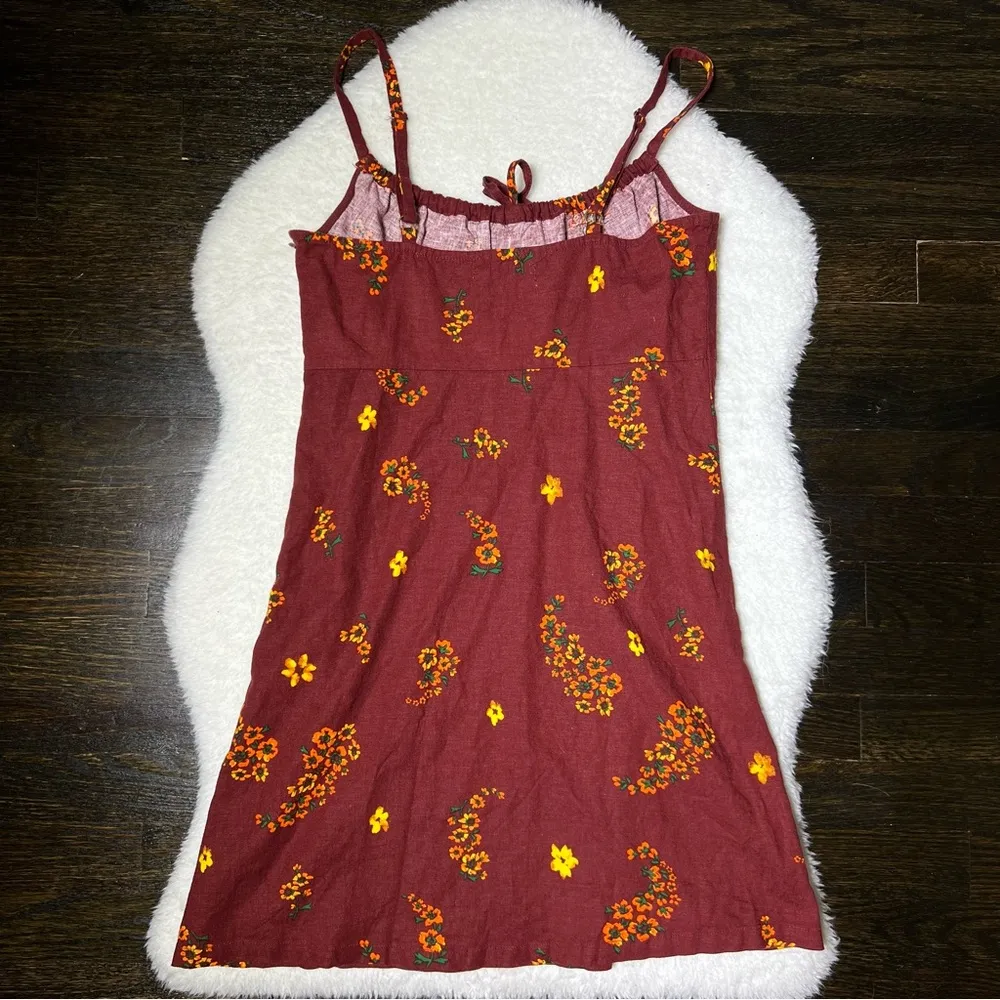 Urban Outfitters Ester Linen Blend Tie-Front Burgundy Floral Mini Dress - Image 6