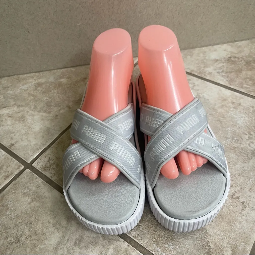 Puma Women's Size 8.5 Platform Tape Slides Cross Strap Logo Sandals White/Gray
6 - Image 2