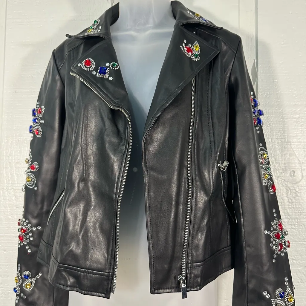 Bagatelle Women’s Gold Digger Jewel Embellished Faux Leather Jacket Size XS Bla… - Image 7