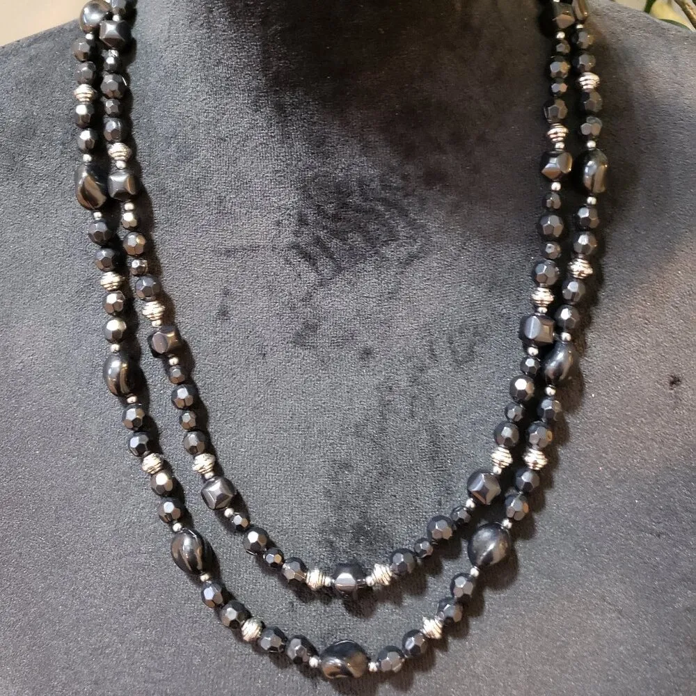 Womens Multi Layering Black Spinel Hematite Gemstone Necklace Faceted Round - Image 2