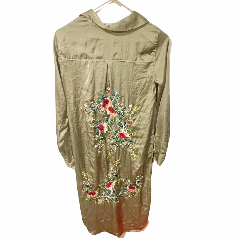 Zara Womens Green Khaki Floral Embroidered Long Button Front Collared Shirt - Image 3