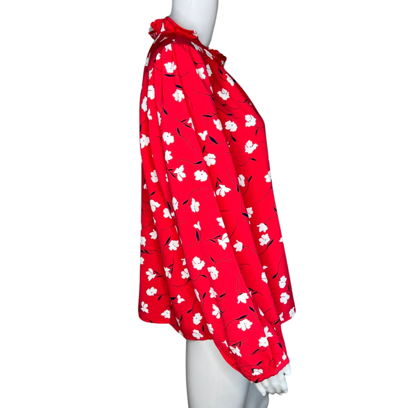 J Crew Blouse Womens Large Red Floral Print Long Sleeve Ruffle Neck Top Bohemian - Image 2