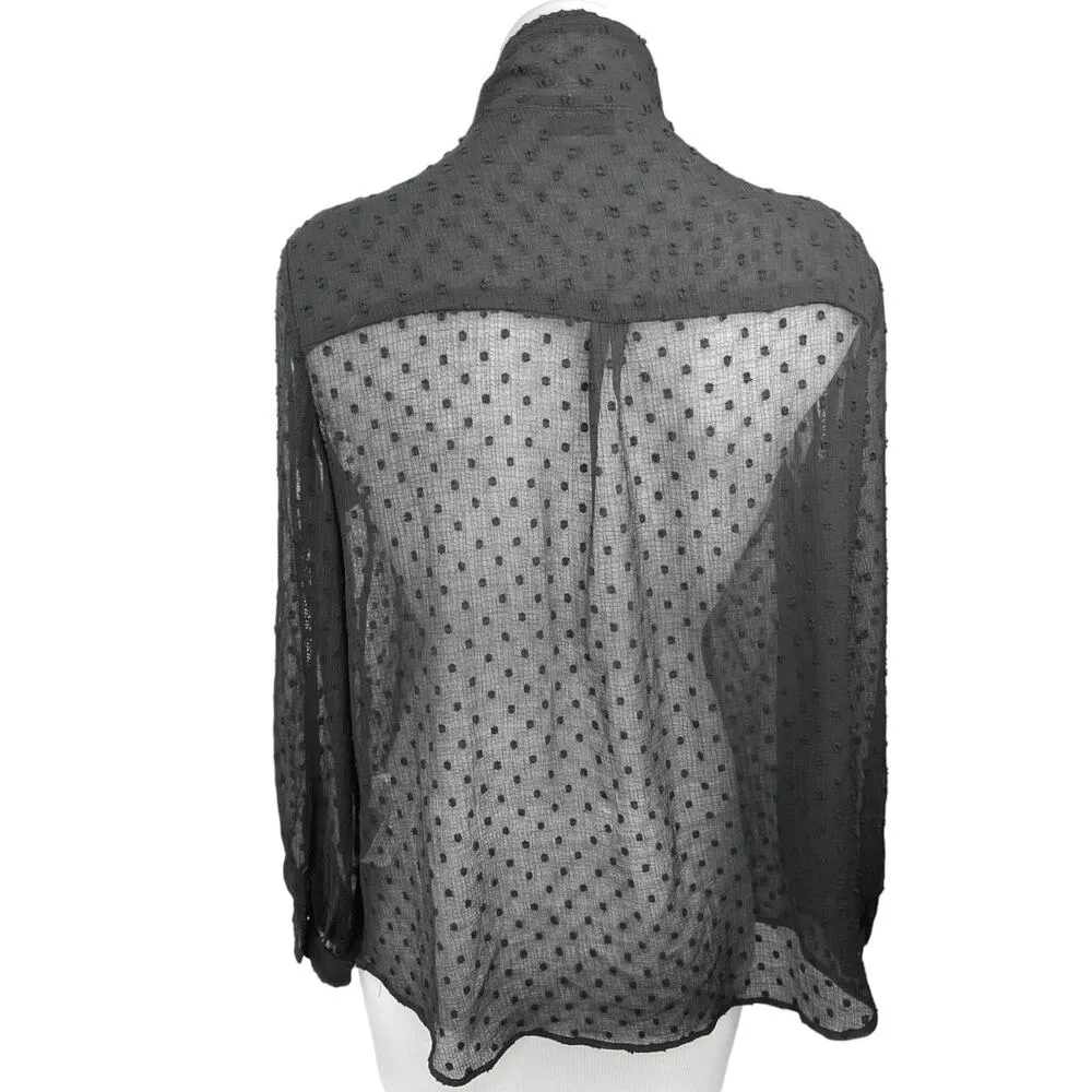 Stradivarius Black Deep V-Neck Polka Tie Neck Long Sleeve Sheer Blouse Top Sz M - Image 2