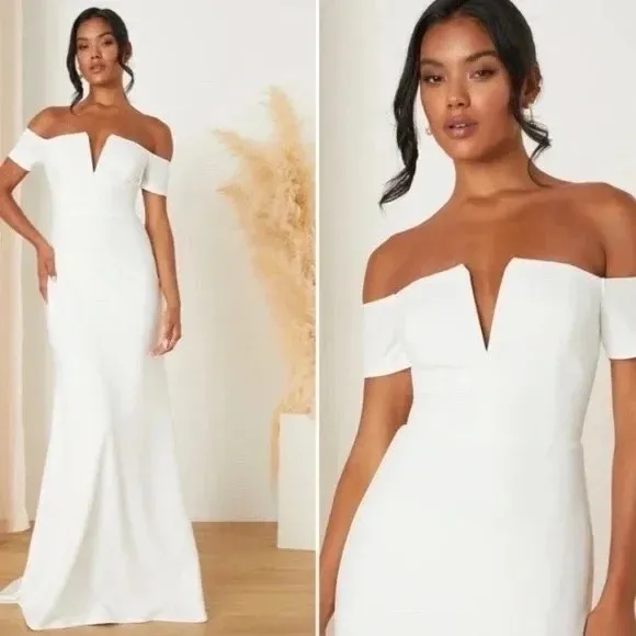 Lulus XS White Off Shoulder Maxi Dress Formal Wedding Guest Evening Gown - Image 4