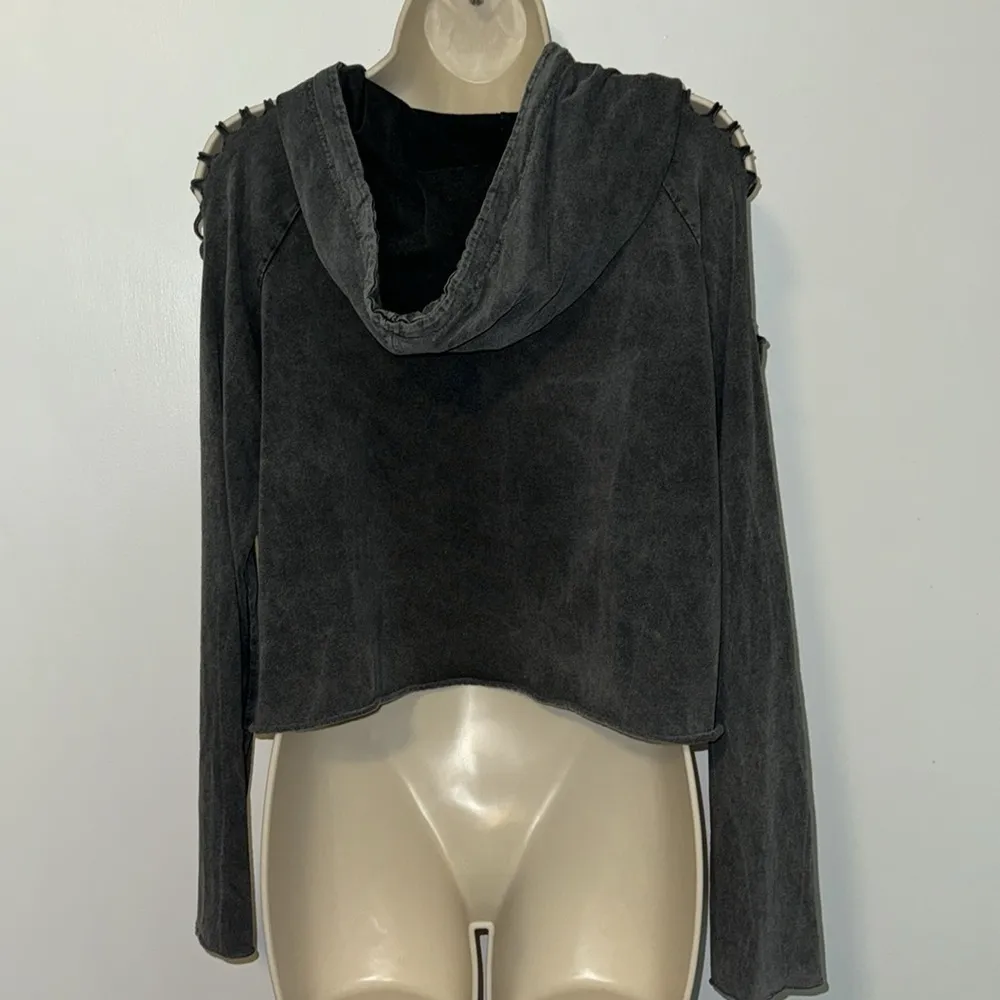Don’t Ask Why Vintage Wash Cropped Hoodie W Cutout Sleeve Gray Women’s OS Size undefined - Image 5