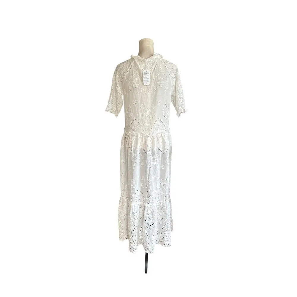 White Eyelet Lace Tiered Dress Ruffle Tassel Victorian CottageCore Feminine Sz M Size M - Image 2