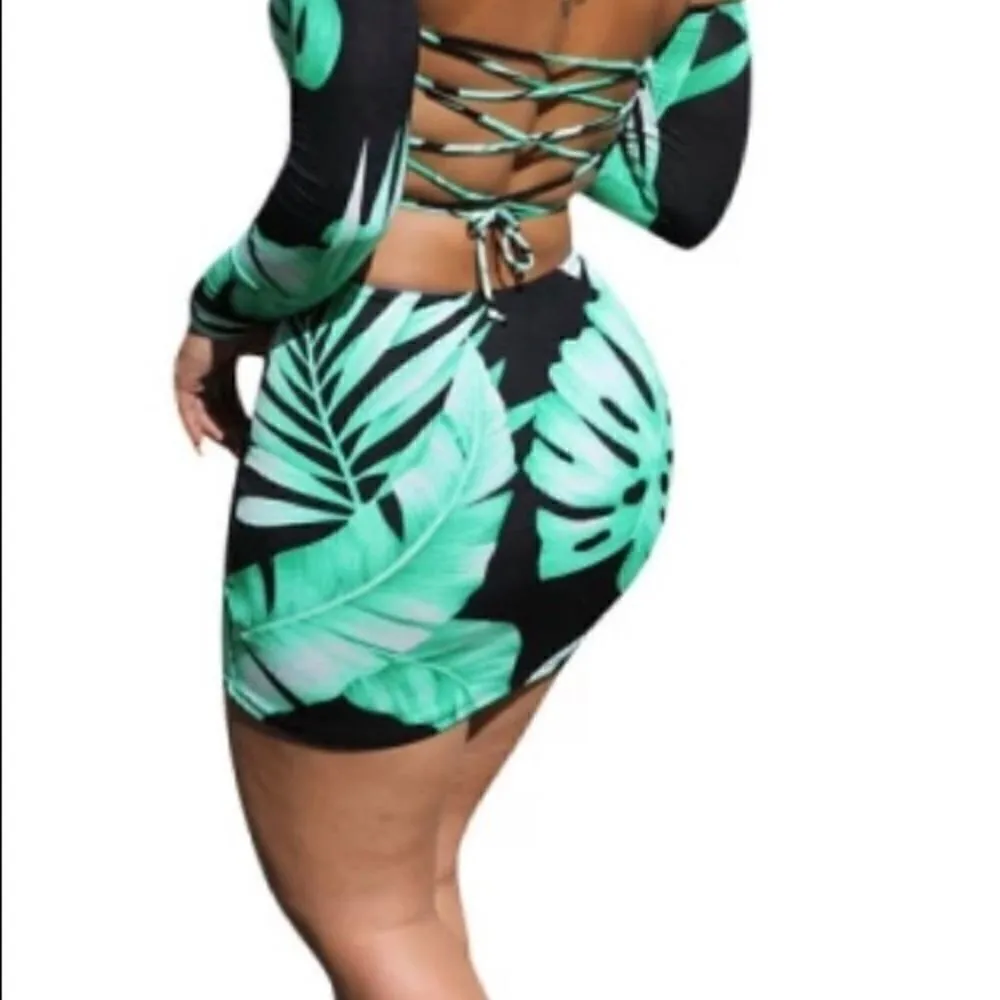 Meek Tropical Green Palm Print Mini Lace up dress Size Small‎ Green - Image 3