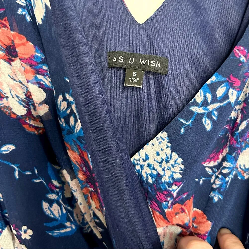 As U Wish Romper Womens S Floral Navy Blue Flutter 1/2 Sleeve V Neck Low Back - Image 7