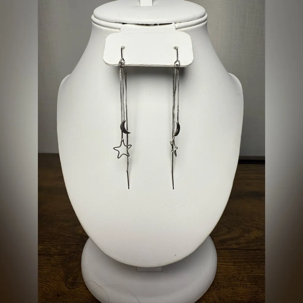 Silver Moon and Star Threader Tassel Chain Earrings - Image 2