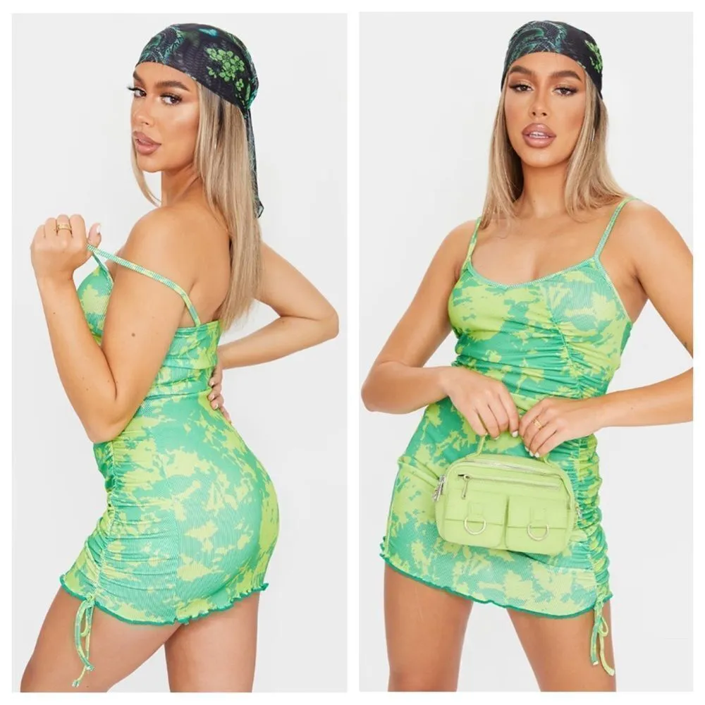 PrettyLittleThing Bodycon Dress Green Tie Dye NEW US 2 Club - Image 2