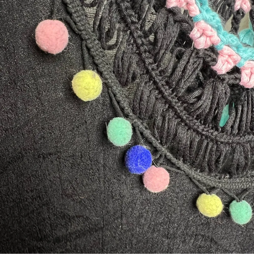 Black Swimsuit Beach Pool Cover Up Colorful Pom poms Tassels One Size Vacay - Image 2