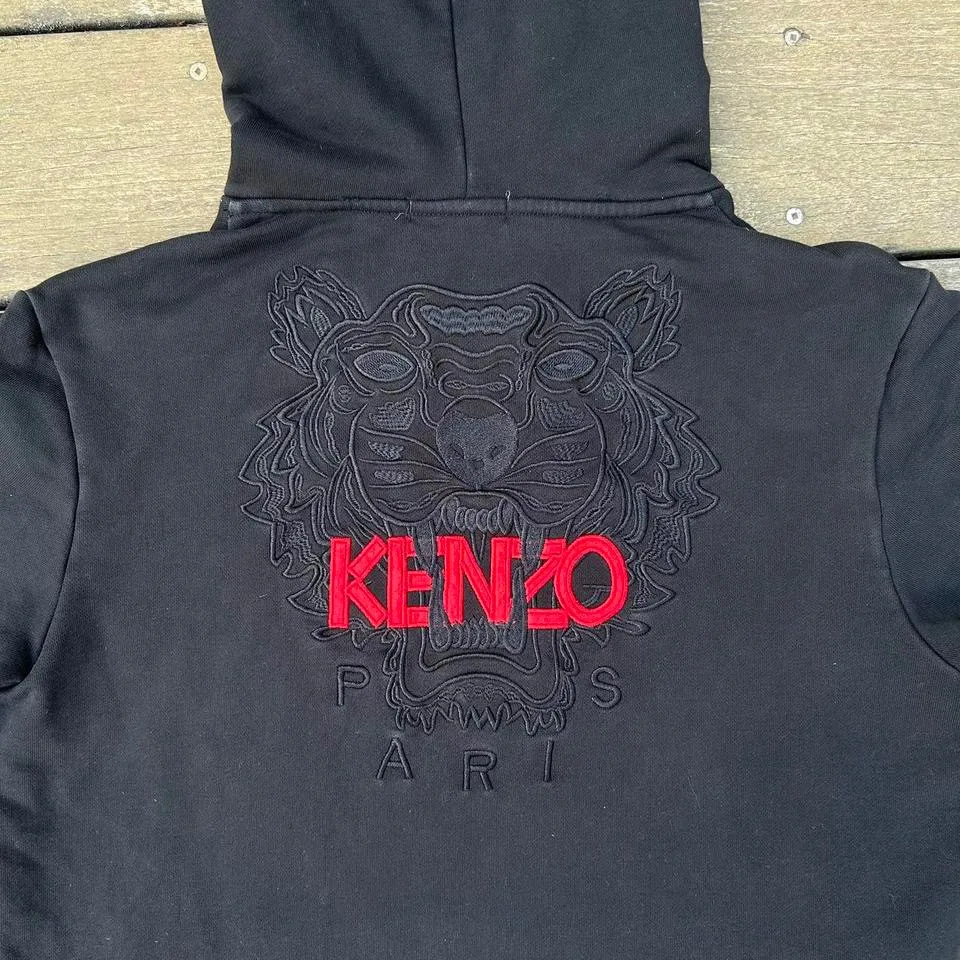 Black Italian Kenzo Hoodie Sweatshirt w/ Embroidered Lion Head Graphic Size L - Image 5