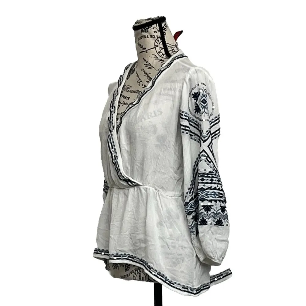 Christina V Women’s White Black Embroidered Boho Peasant Blouse Size M Sheer Top Size M - Image 3