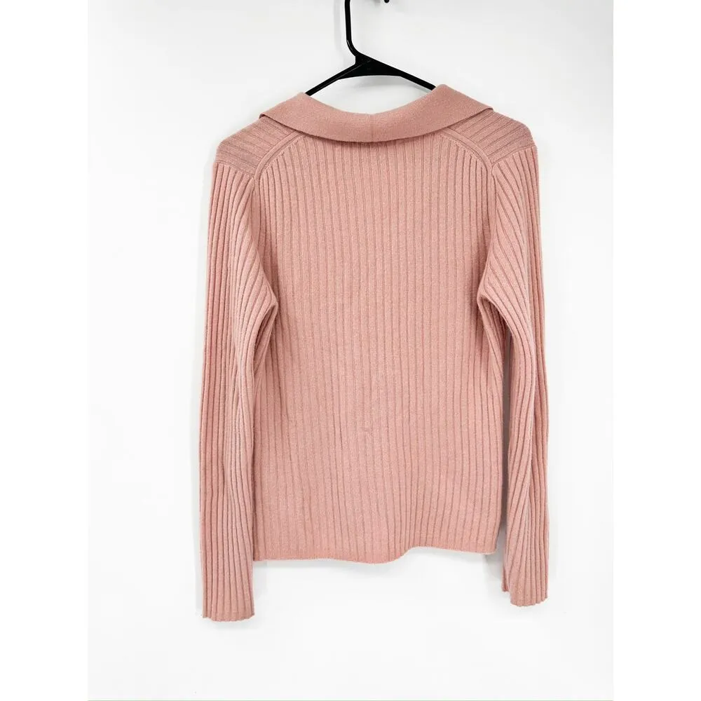 Veronica Beard Lazana Pink Polo Collared Ribbed Cashmere Cardigan Sweater Large - Image 3