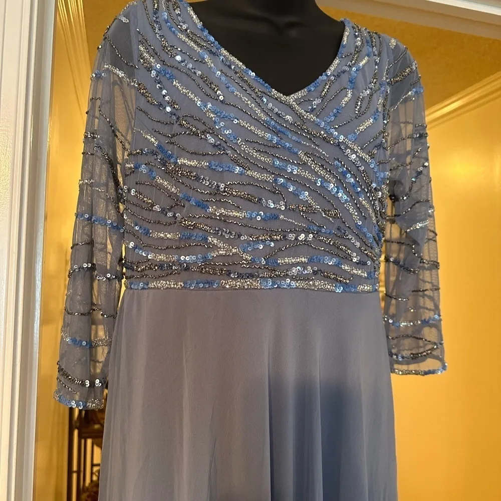 Jkara Slate Blue/Gray 3/4 Sheer Sleeve V Neck Beaded Bodice Dress Size 6P NWT - Image 10