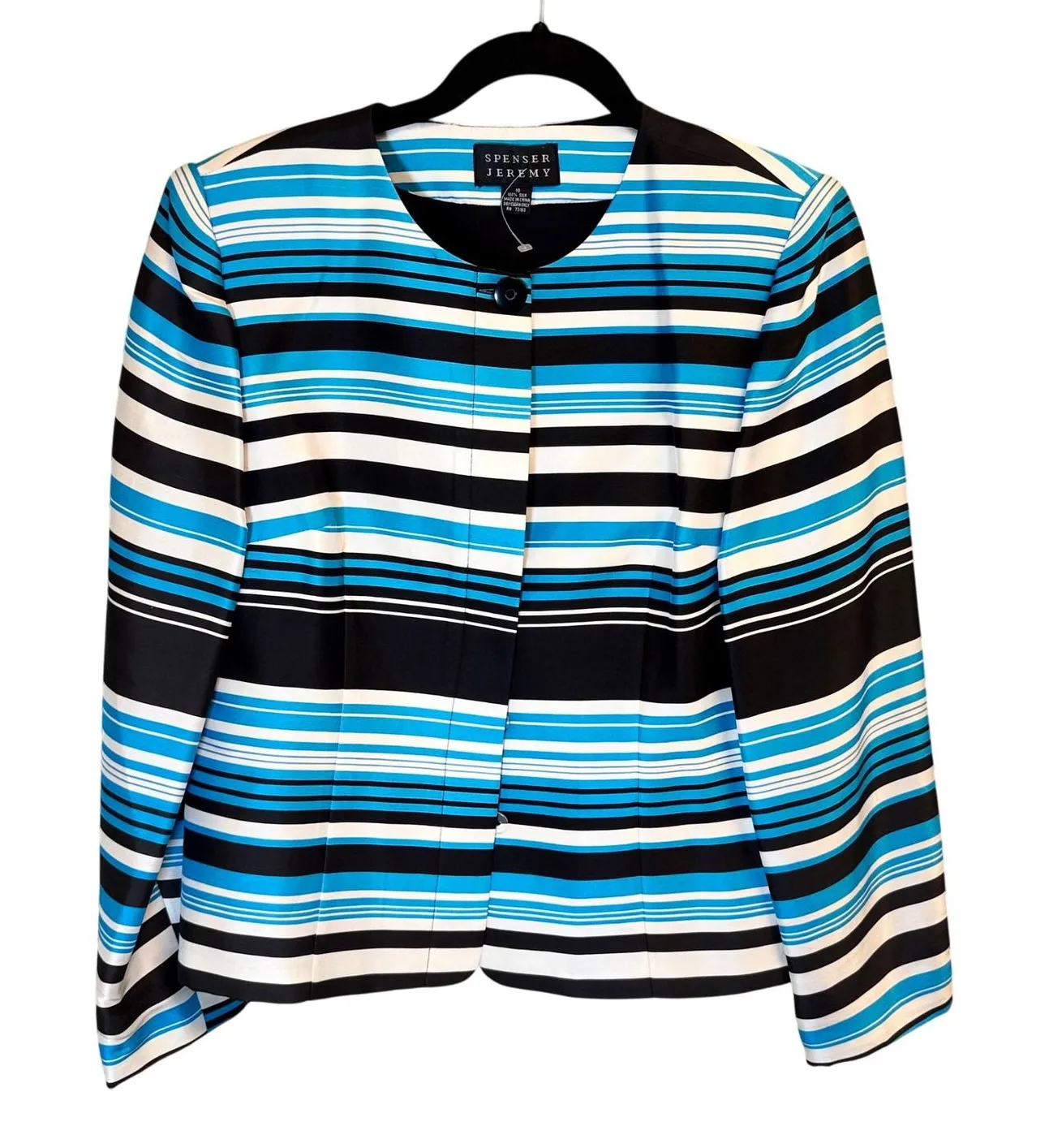 Spenser Jeremy Striped 100% Silk Blazer Jacket & Pants Suit Set Size 10 Blue - Image 1