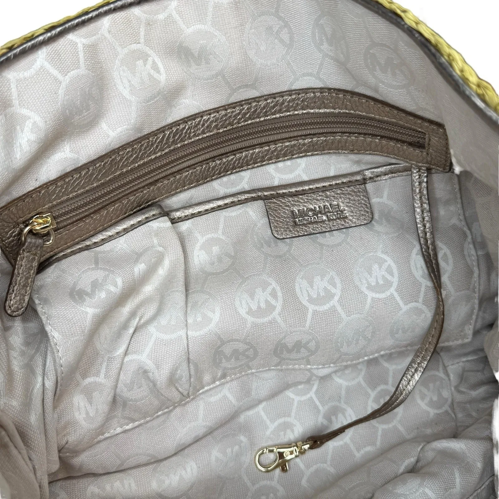 Michael Kors Woven Chartreuse Straw Gold Leather Shoulder‎ Tote Handbag Purse - Image 8