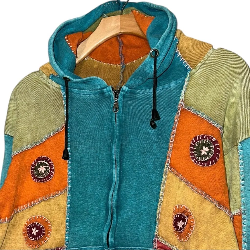Greater Good Network Women’s Size S Blue Rainbow Patchwork Hippie Nepal Hoodie - Image 3