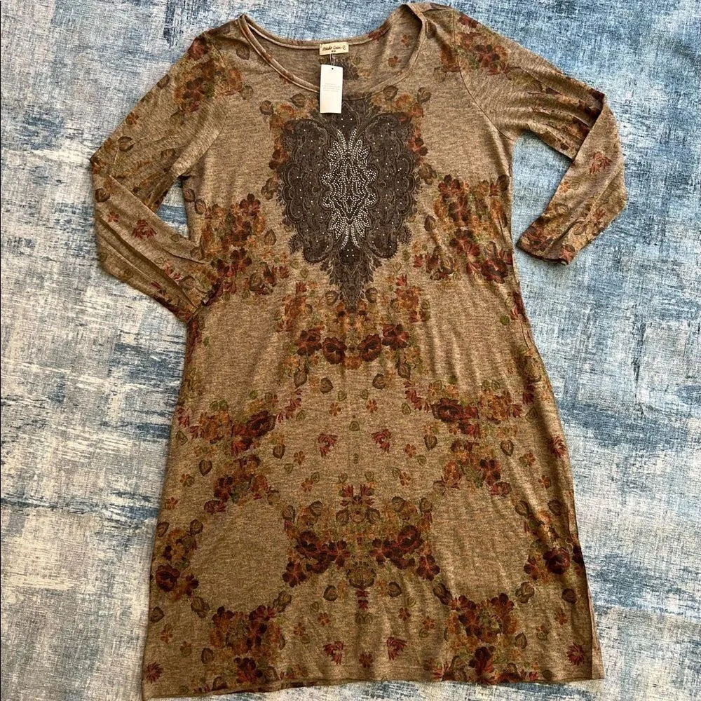 NWT! Studio Gem Taupe Floral Print Semi Sheer Long Sleeve Dress Large - Image 5