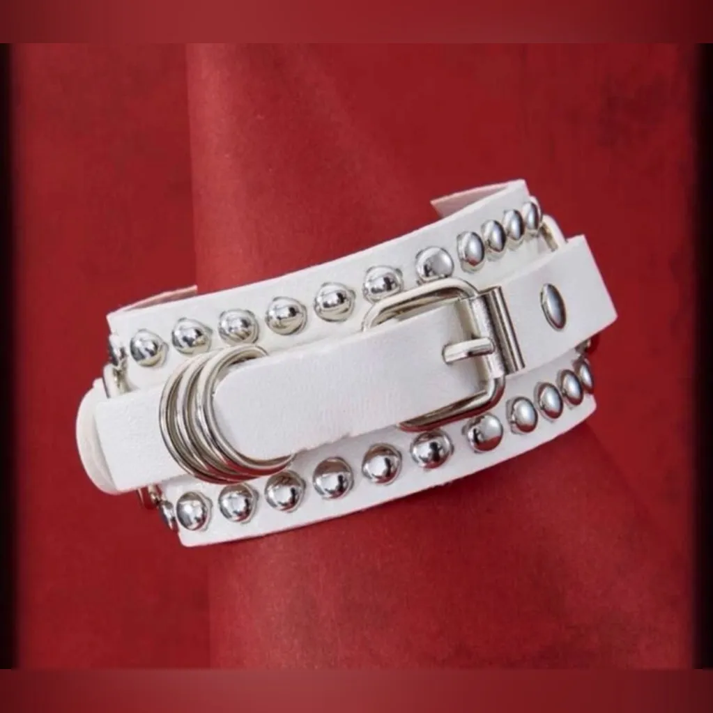 Punk Edgy White Leather Studded Bracelet - Image 4