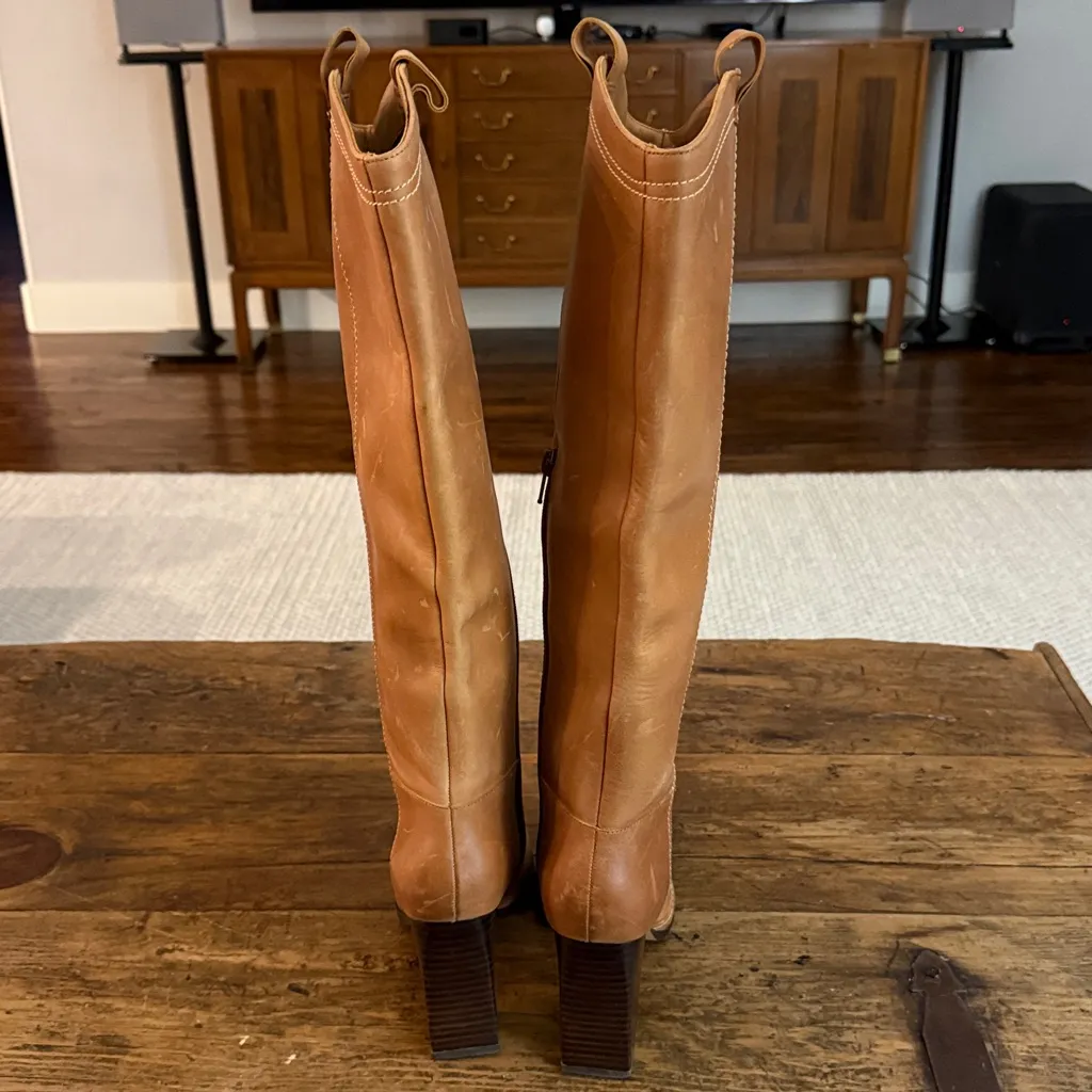 Deltan Tan Leather Western 3" Heeled Pull On Tall Boots Size 6 - Image 5