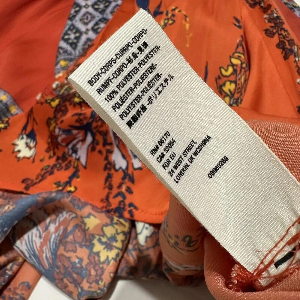 Free People Positano Floral Boho Blouse Balloon Sleeves Orange Sz XS Extra Small - Image 10