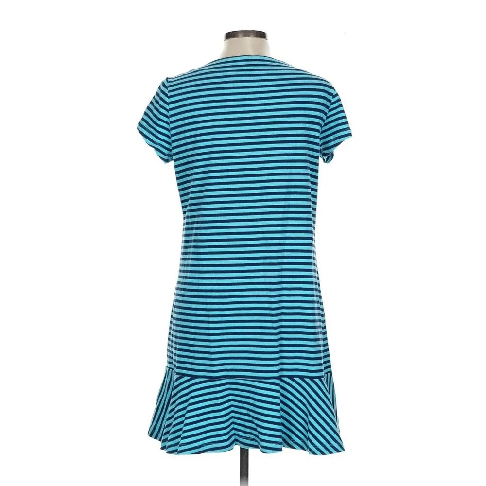 Lands' End Women Casual Dress Teal Blue Tonal Stripe 2X Cotton Short Sleeve Green - Image 7