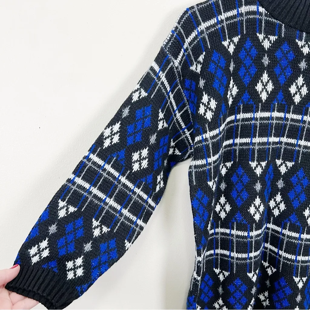 Vintage Argyle Plaid Knit Sweater Pullover Unisex Retro 90s S Blue - Image 2