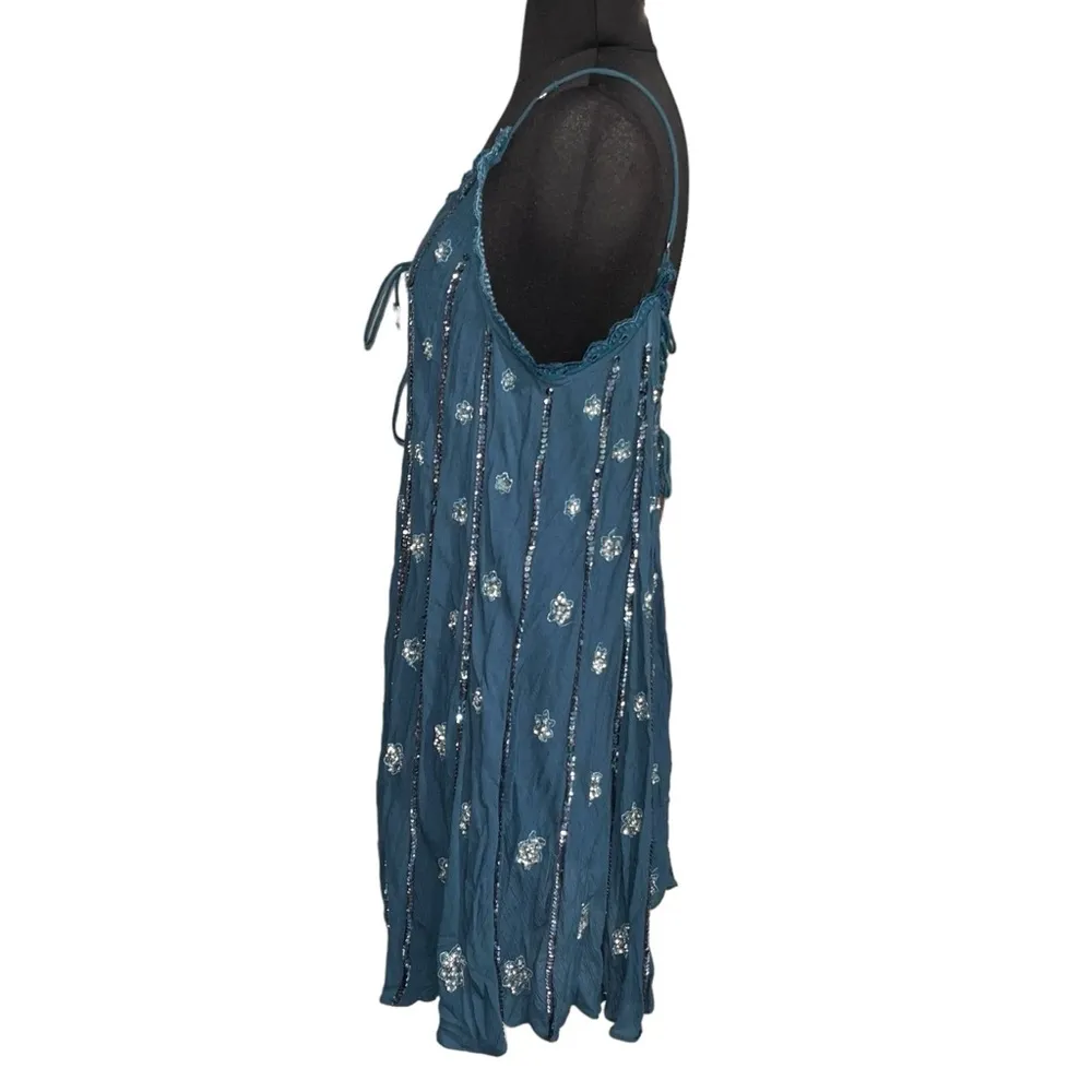 Free People Teal Sequin Embellished Double Take Slip Dress size Small - Image 4
