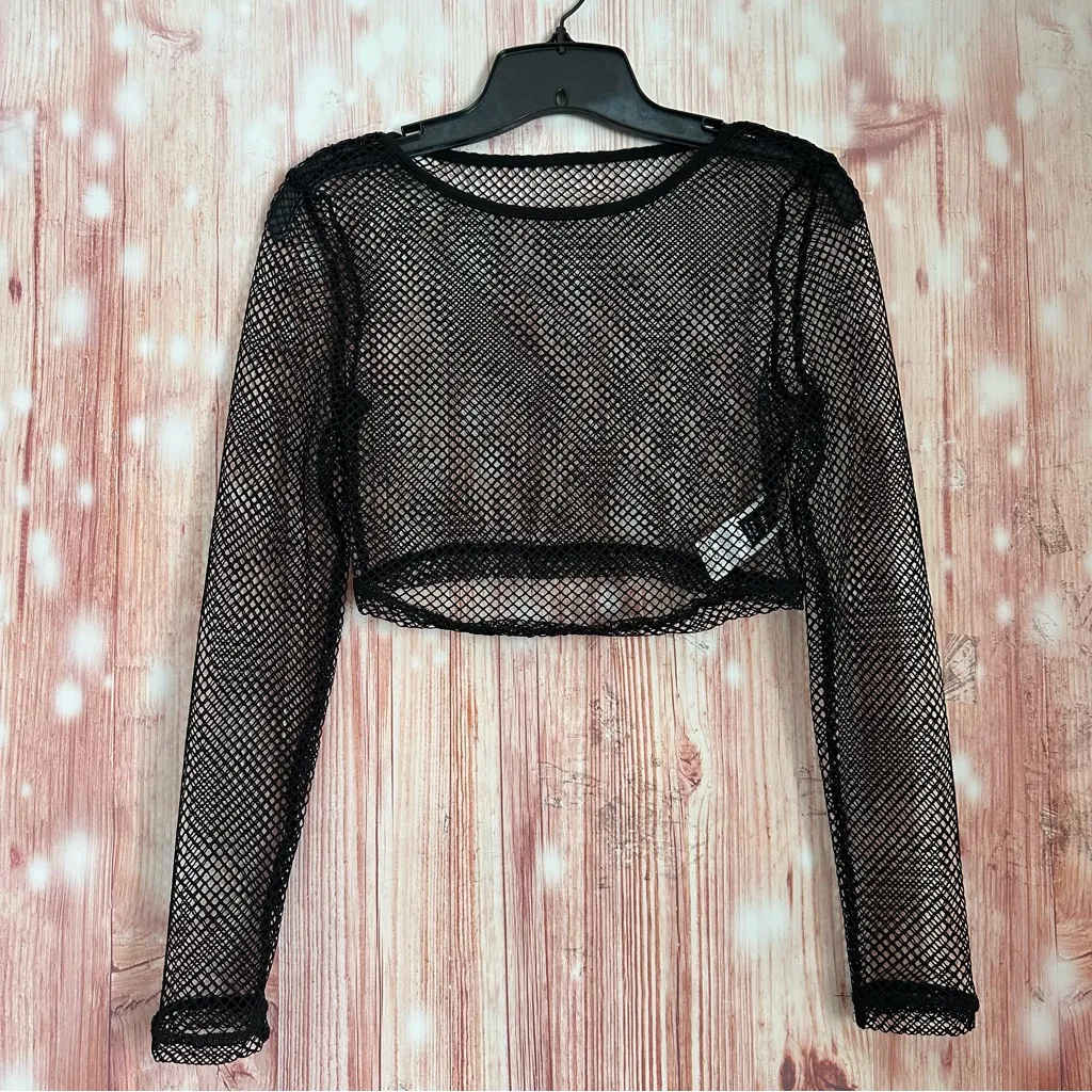 Shein Black Mesh Petite Long Sleeve Crewneck Crop Top Size Small Petite - Image 2