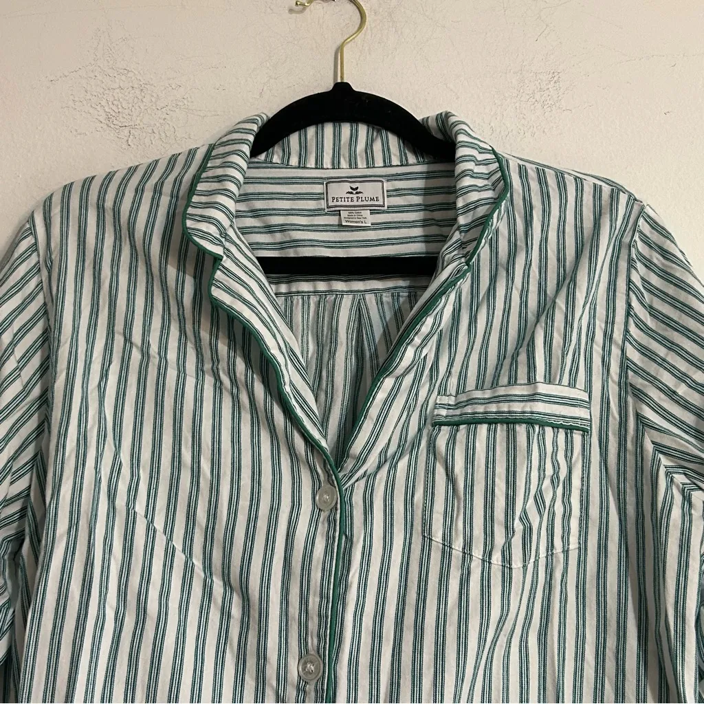 Petite Plume Twill Stripe Long Sleeve Pajama Shirt in Emerald Ticking Size Large Green - Image 7