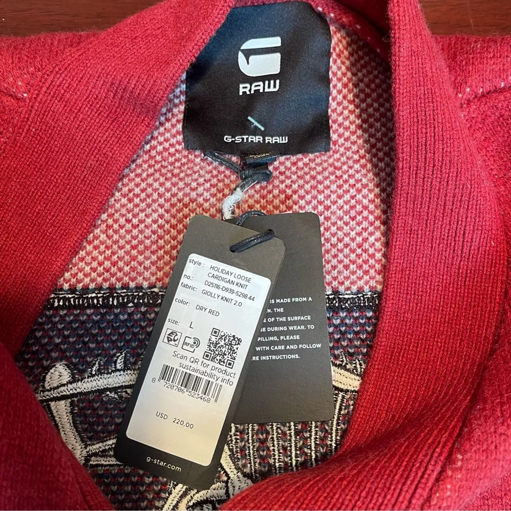 G-Star Raw Unisex Holiday Wool Cardigan Grandpa Chunky Red Beige Blue Sz Large - Image 8