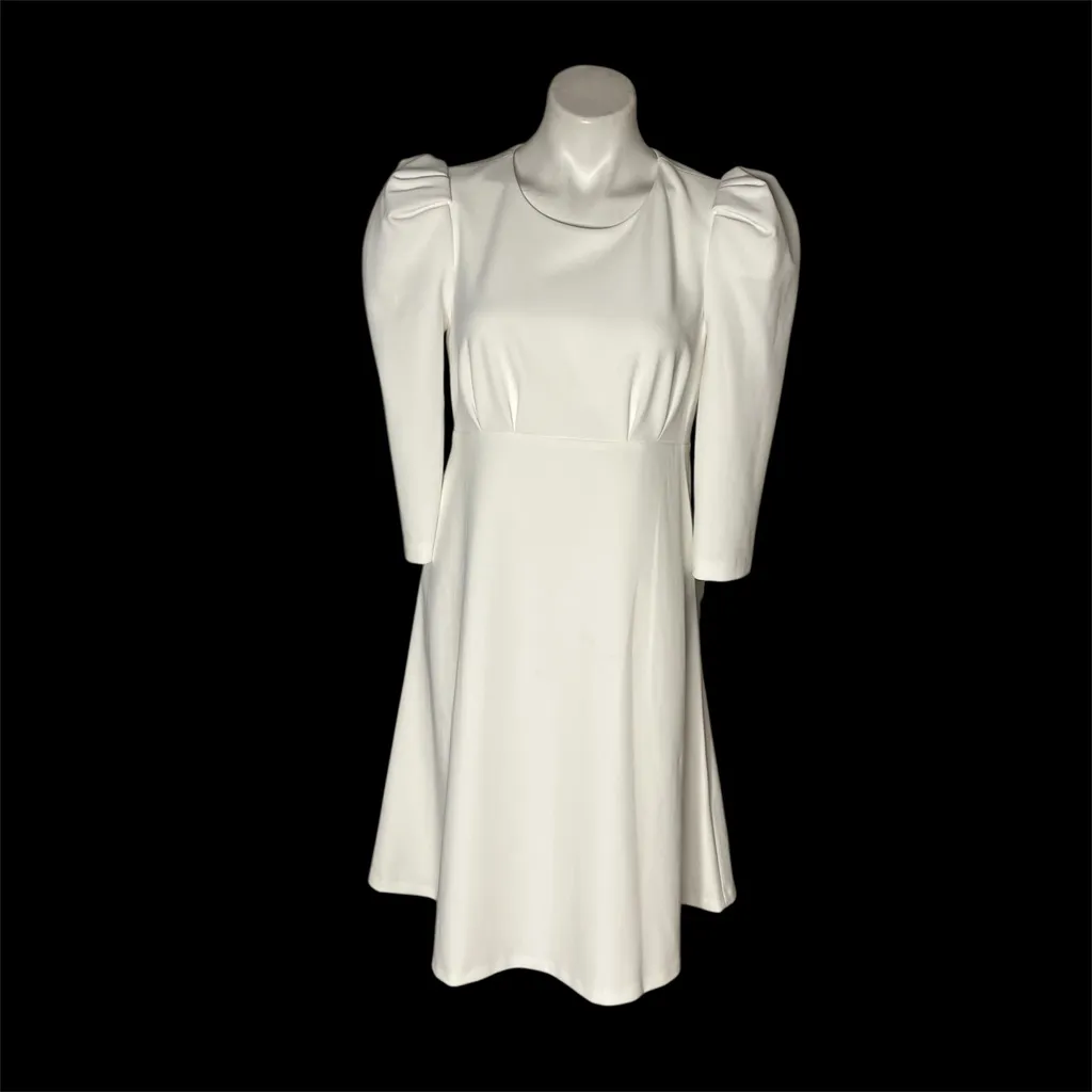 CALVIN KLEIN White Dress Puff Sleeve High Waist Lined Scuba Crepe Size 8 - Image 4