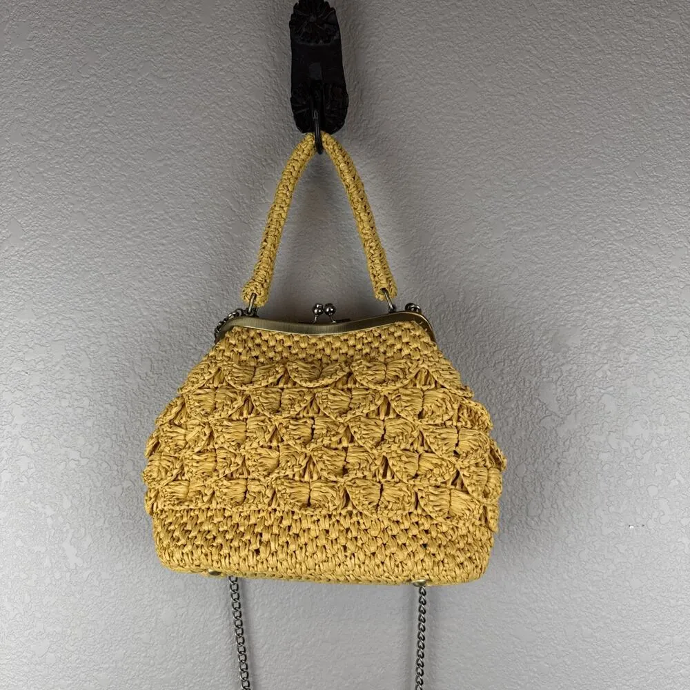 Patricia Nash Laureana Frame Satchel Yellow Woven Scallop Raffia Straw Crossbody - Image 7