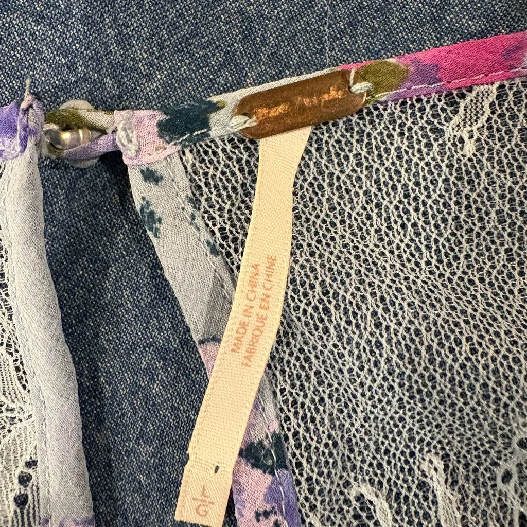 Free People Daphne Floral-print Smocked Top blouse blue purple sz L - Image 5