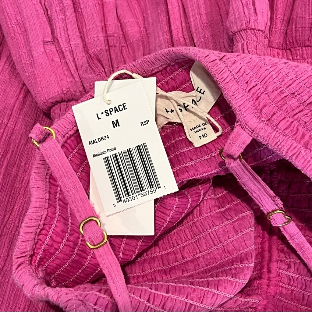 L Space NWT Mallorca Dress Medium Raspberry Pink Maxi Tiered Smocked Flowy - Image 7