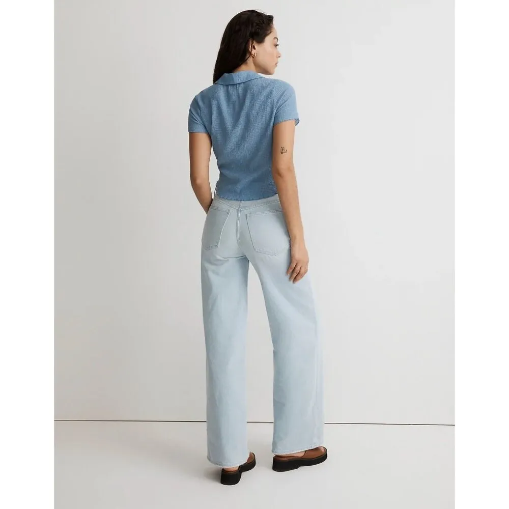 Madewell Womens Crinkle Polo Crop Tee Shirt Top Tranquil Lake Blue XS - Image 3