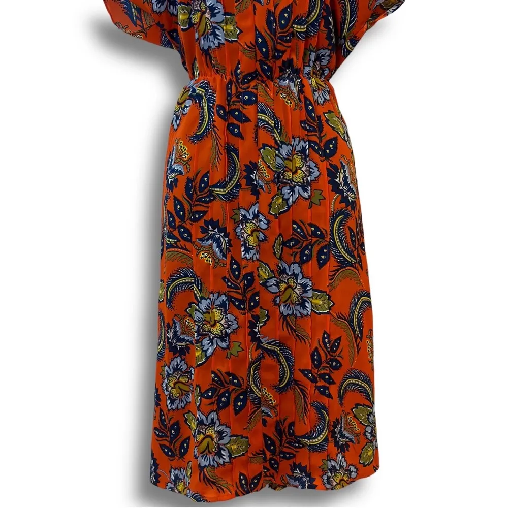 Lands'End  Orange Floral Pin-tuck V Neck Short Sleeve Midi Dress - Image 7