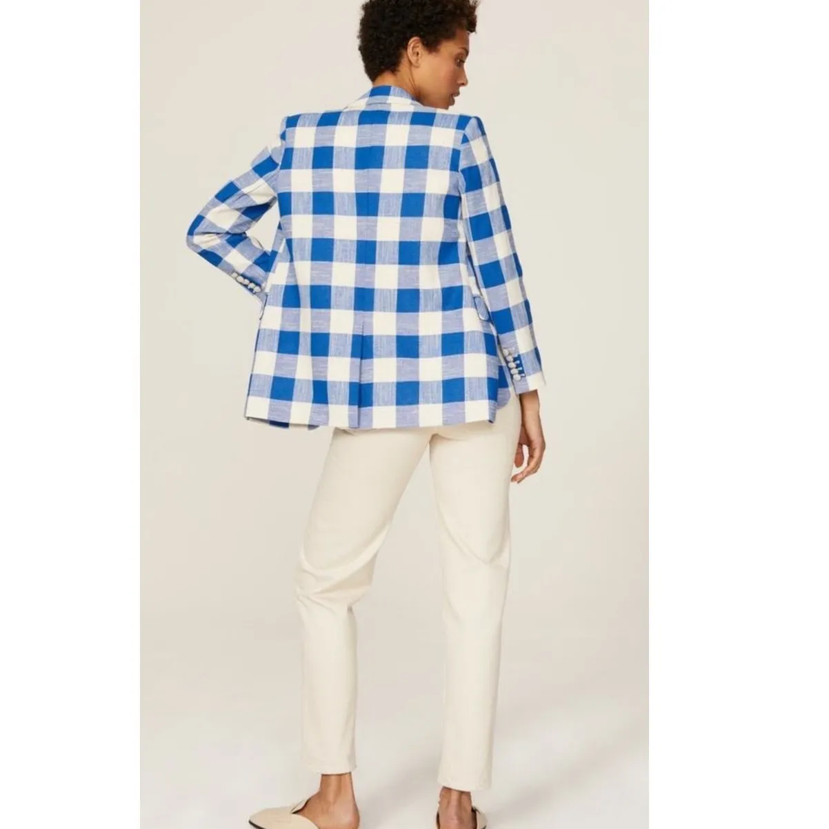 VERONICA BEARD Blue White Gingham Cotton Blend Oversized Bexley Jacket Blazer 10 - Image 3