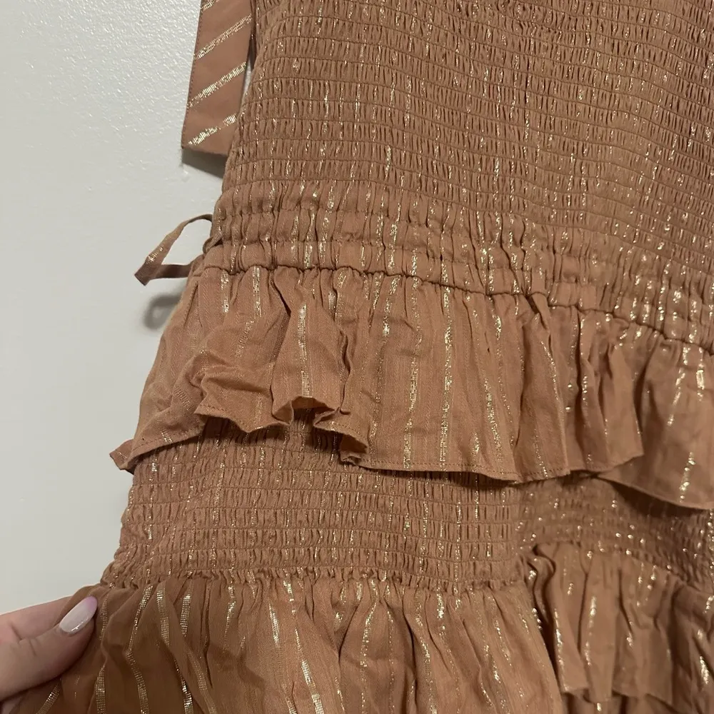 House of Harlow 1960 Corinne Shirred Ruffled Dress Size Small Gold - Image 9